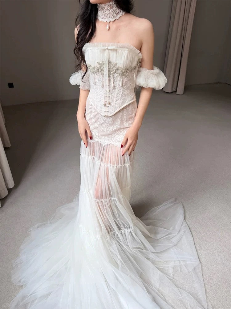 Unique Wedding Dresses Mermaid Strapless Tulle Lace White French Style Long Bridal Gown N3176