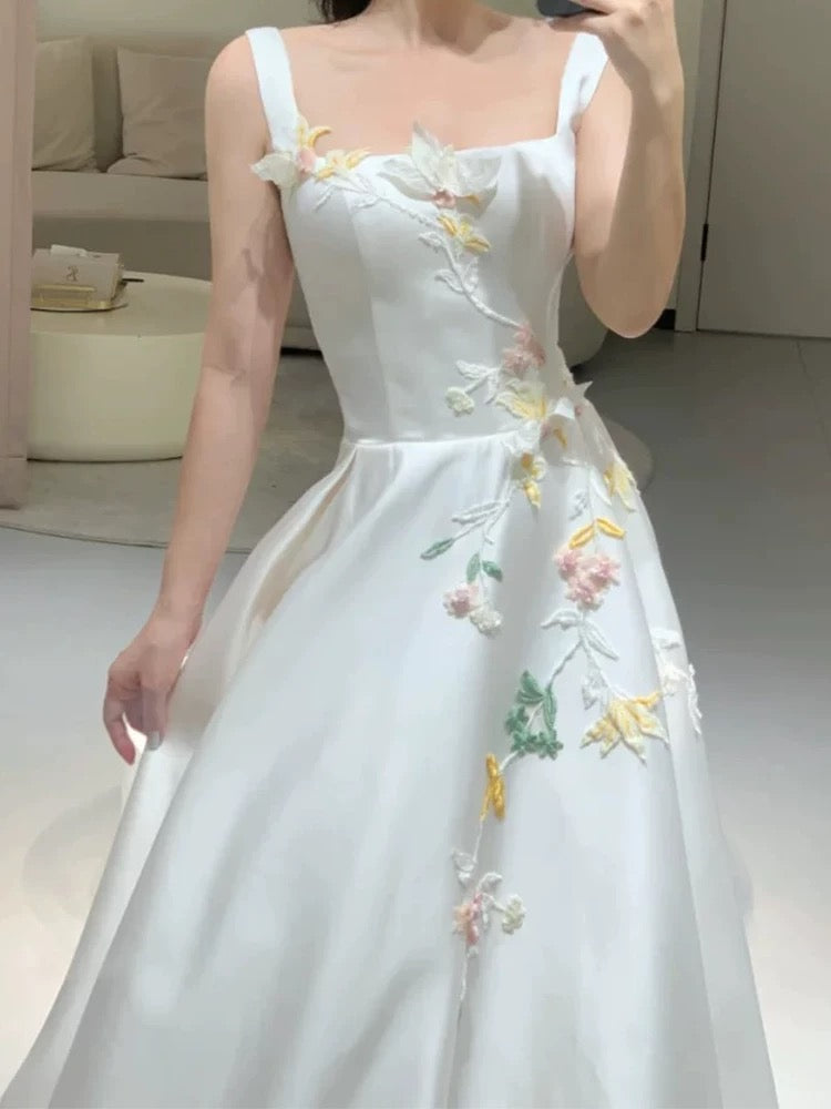 Modest A Line Square Neck White Satin Long Evening Spring Summer Beach Formal Wedding Dress N3491