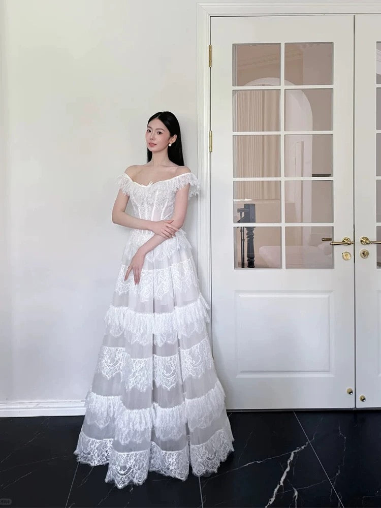 Simple Wedding Dresses Ball Gown Off The Shoulder White Tulle With Lace Long Brides Gown N3494
