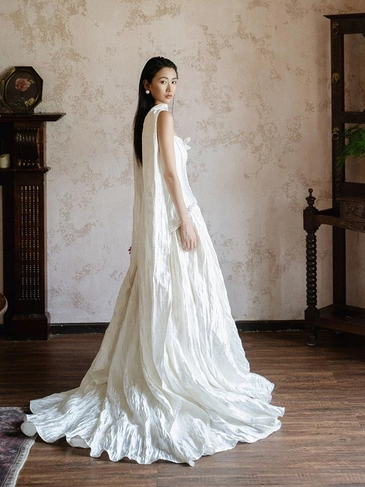 Simple Wedding Dresses Ball Gown Strapless White Satin With Scarf Long Brides Gown N3500
