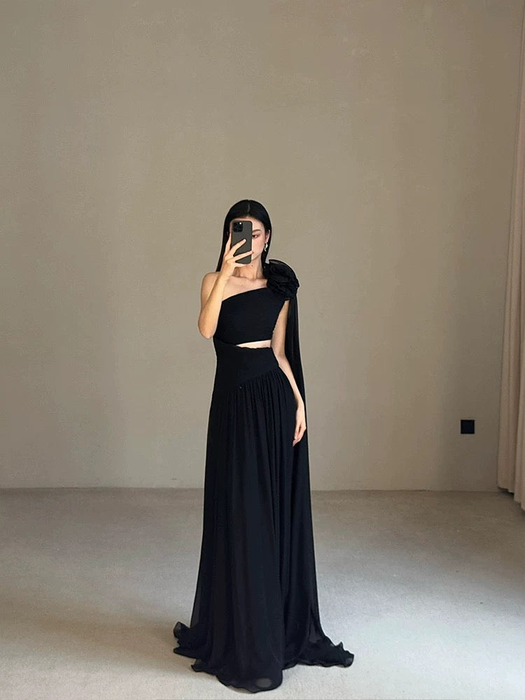 Modest A Line One Shoulder Black Tie Dress Evening With Ribbon Summer Beach Formal Wedding Guest Dress N3502