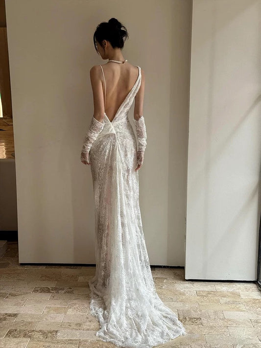 French Style Wedding Dresses Mermaid Irregular Neck Lace White With Gloves Long Brides Gown N3503