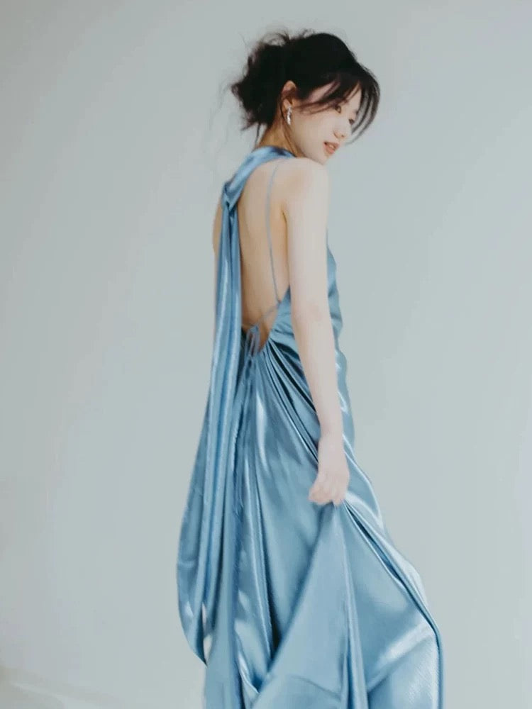 Simple Mermaid Halter Satin Evening With Ribbon Summer Beach Formal Wedding Guest Dress N3505