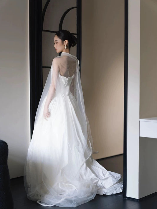 French Style Wedding Dresses A Line Sweetheart Satin Sleeveless White Long Brides Gown N3509
