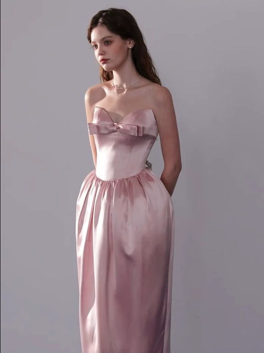 Simple A line Sweetheart Satin Pink Evening With Bow-knot Summer Beach Formal Wedding Guest Dress N3913
