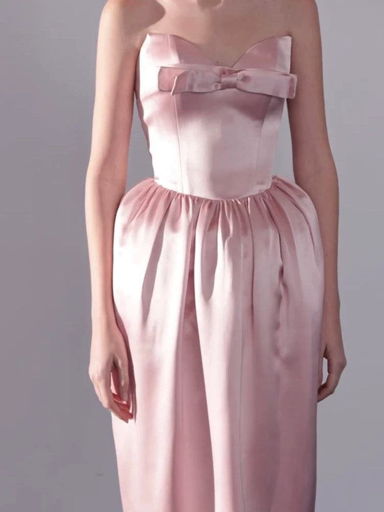Simple A line Sweetheart Satin Pink Evening With Bow-knot Summer Beach Formal Wedding Guest Dress N3913