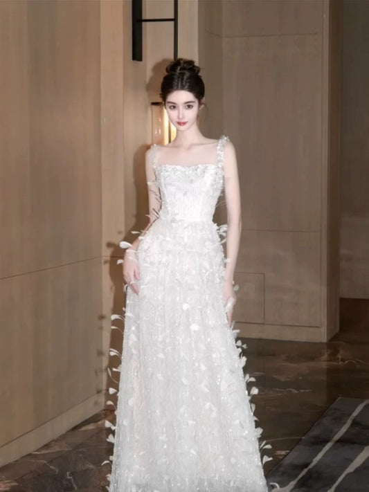 Sparkly Prom Dresses A Line Spaghetti Strap White With Feathers Sequin Long Formal Evening Dress N3925