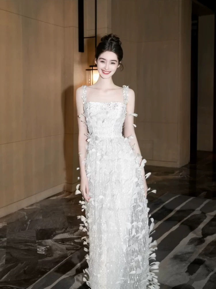 Sparkly Prom Dresses A Line Spaghetti Strap White With Feathers Sequin Long Formal Evening Dress N3925