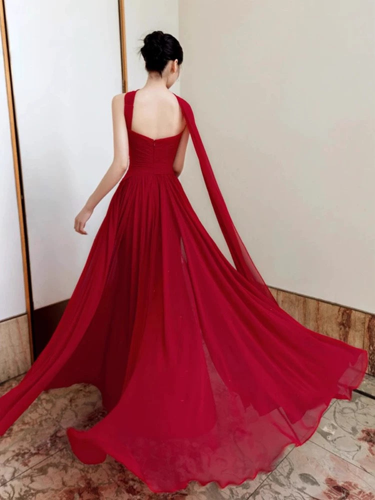Simple A Line Strapless Red Chiffon Evening Spring Summer Beach Formal Wedding Guest Dresses N3933