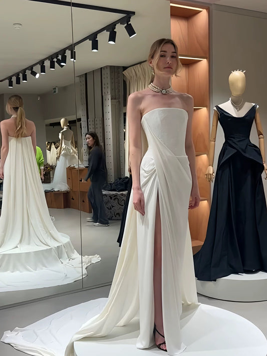 Romantic Wedding Dresses Mermaid Strapless White Satin Slit French Style Summer Garden Wedding Gown N3936
