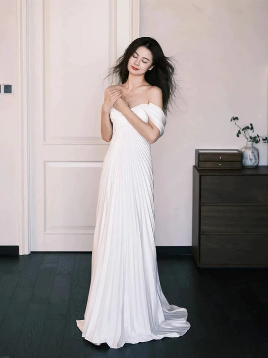 Simple Wedding Dresses A Line Off The Shoulder White Chiffon French Style Summer Garden Wedding Gown N3938