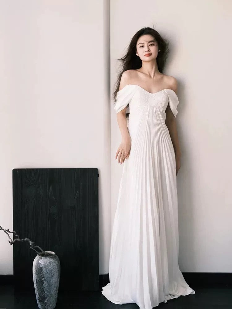 Simple Wedding Dresses A Line Off The Shoulder White Chiffon French Style Summer Garden Wedding Gown N3938