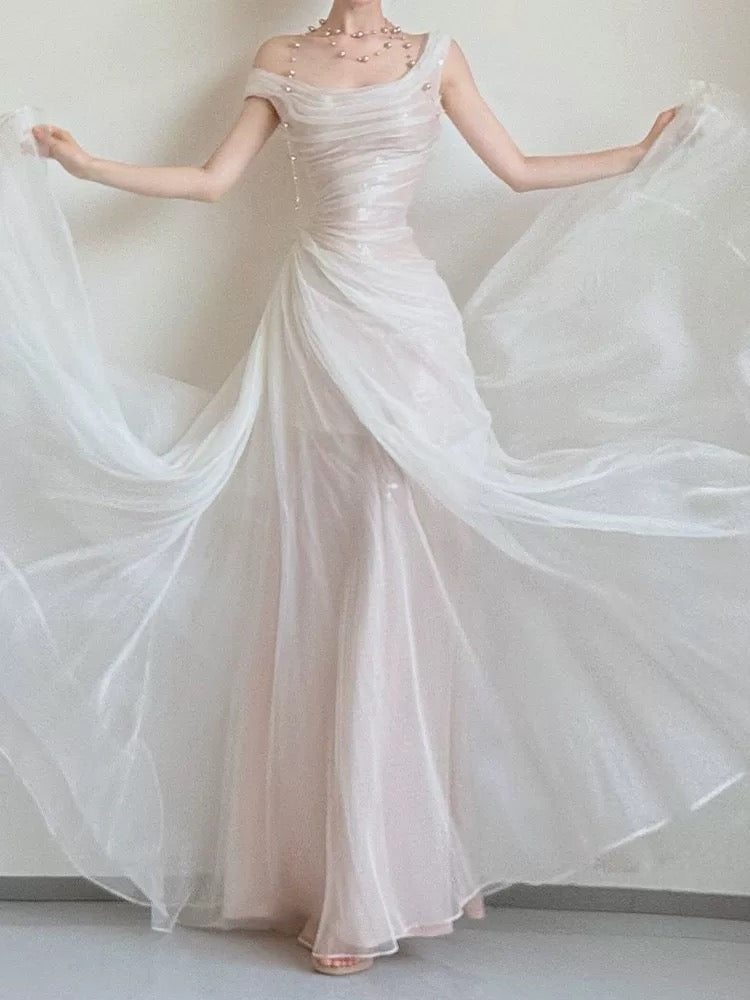 Classy Wedding Dresses Mermaid Off The Shoulder White With Pleated Summer Garden Wedding Reception Dress N3943