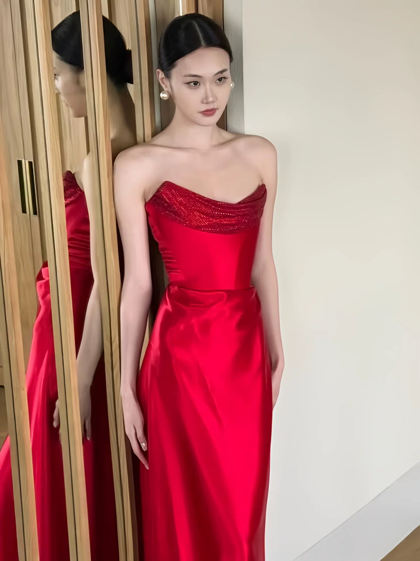 Classy Mermaid Strapless Red Satin Prom Spring Summer Beach Formal Wedding Bridal Guest Dresses N3956