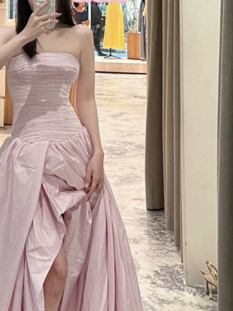 Glam Ball Gown Strapless Slit Pink Satin Prom Spring Summer Beach Formal Wedding Guest Dresses N3960