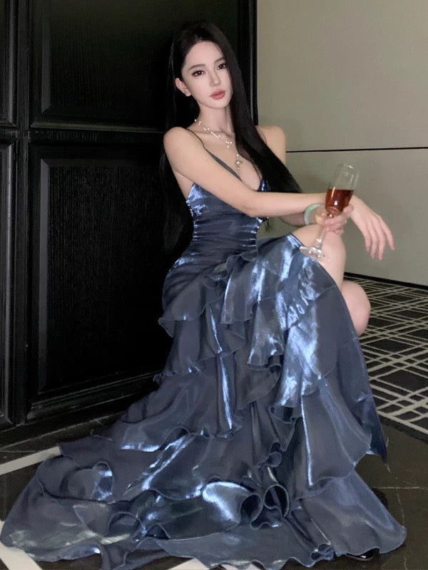 Mermaid Spaghetti Strap Long Backless Prom Dresses Navy Blue Long Formal Dresses N3941