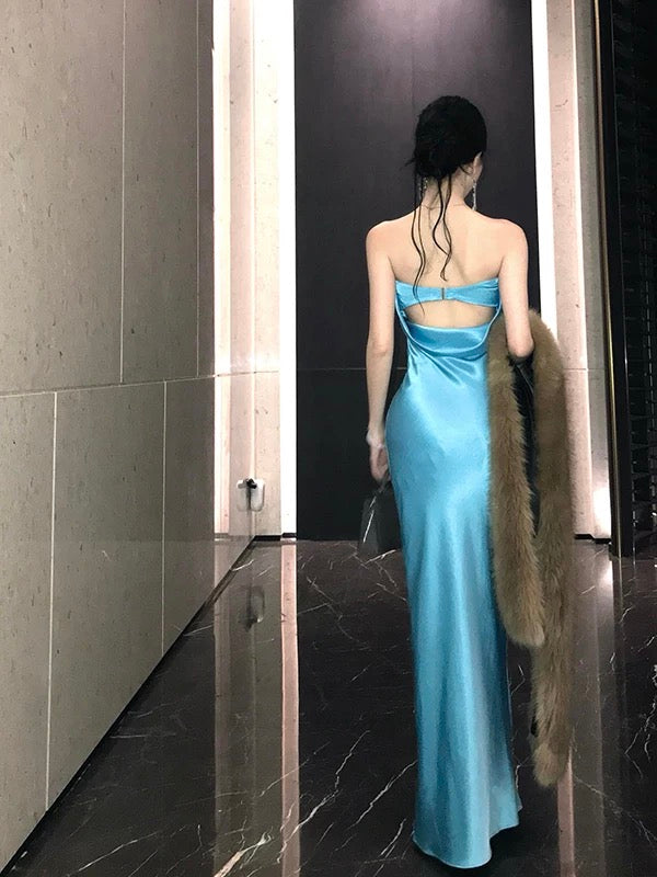 Mermaid Strapless Blue Satin 21st Birthday Elegant Outfit Spring Summer Beach Formal Wedding Bridal Guest Dresses N3974