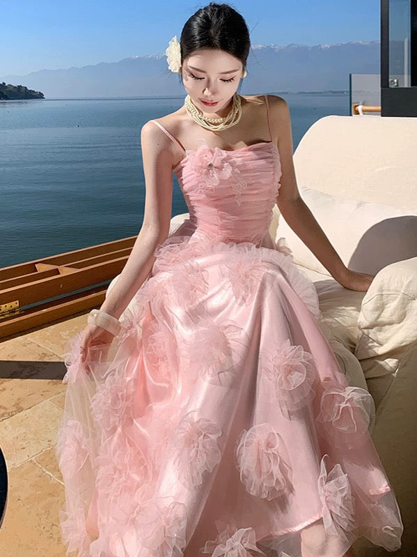 Pretty Prom Dresses A line Spaghetti Strap Pink Tulle Long Formal Evening Dress N3982