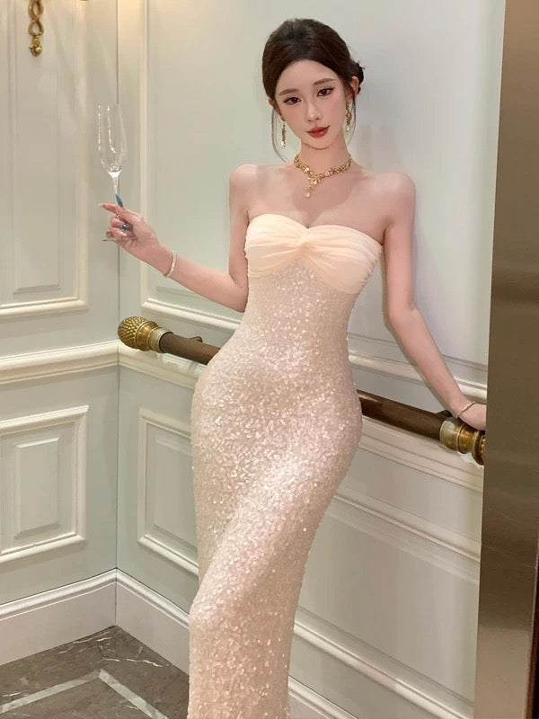 Sexy Mermaid Sweetheart Champagne Sequin 21st Birthday Elegant Outfit Summer Prom Formal Wedding Guest Dresses N3983