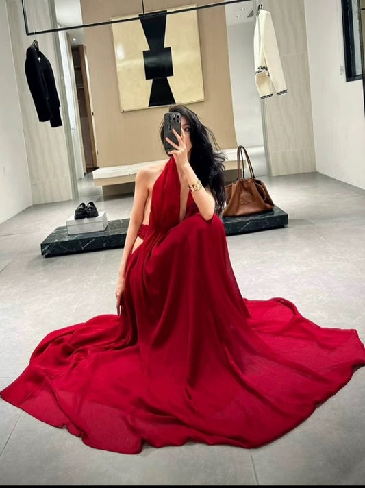Simple Prom Dresses A line Halter Red Chiffon Backless Evening Gown Formal Semi Long Formal Dress N3992