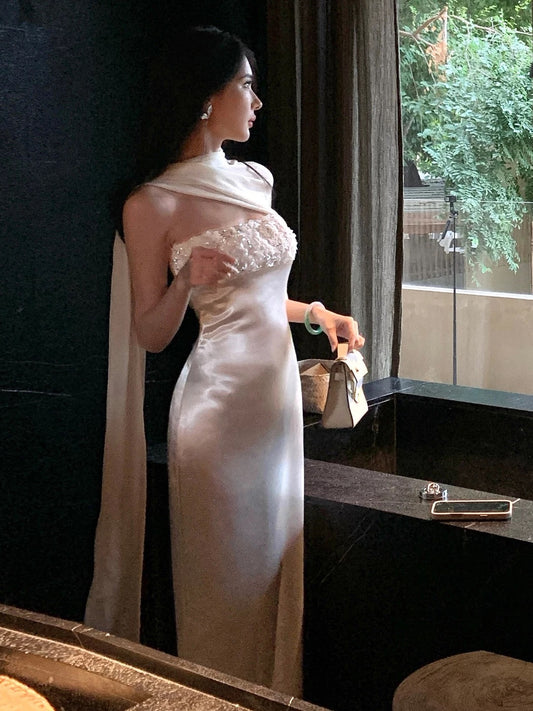 Simple Prom Dresses Sheath Strapless White Satin With Scarf Evening Gown Formal Long Formal Dress N3996