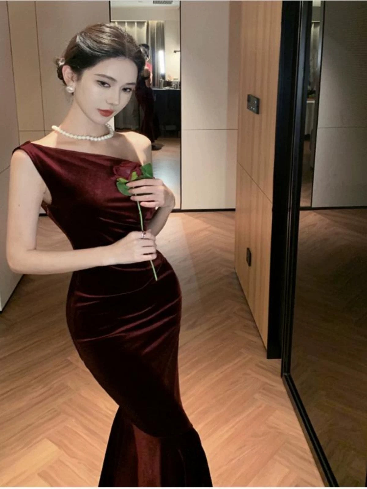 Simple Prom Dresses Mermaid One Shoulder Burgundy Velvet Evening Gown Formal Long Formal Dress N3998