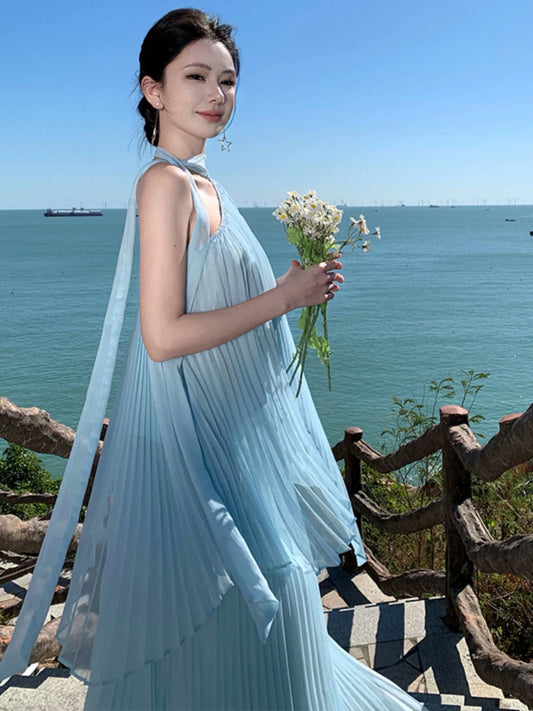 Simple Prom Dresses A Line Blue Chiffon Evening Gown Formal With Pleated Formal Dress N4003