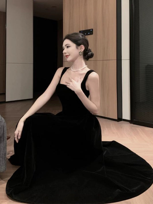 Modest A line Square Neck Black Velvet 21st Birthday Elegant Outfit Formal Wedding Guest Dresses N4010