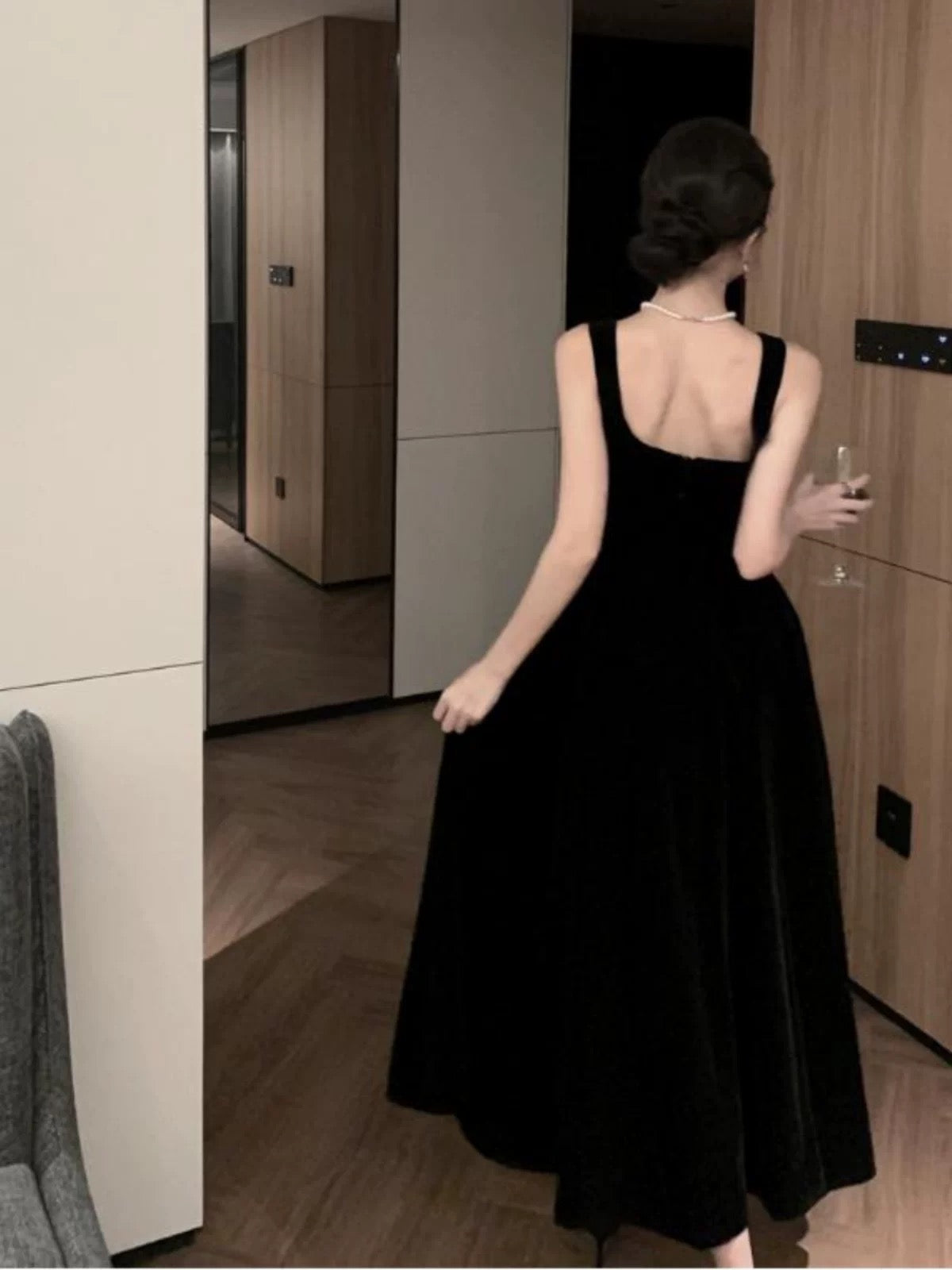 Modest A line Square Neck Black Velvet 21st Birthday Elegant Outfit Formal Wedding Guest Dresses N4010