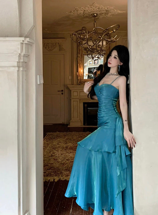 Simple Mermaid Spaghetti Strap 21st Birthday Elegant Outfit Blue Long Prom Wedding Guest Dresses N4013