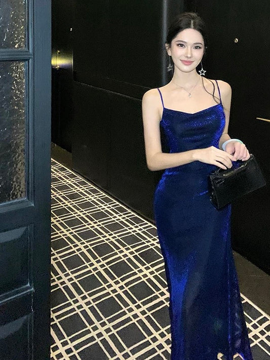 Modest Mermaid Spaghetti Strap Royal Blue Sequin 21st Birthday Elegant Outfit Formal Wedding Guest Dresses N4015