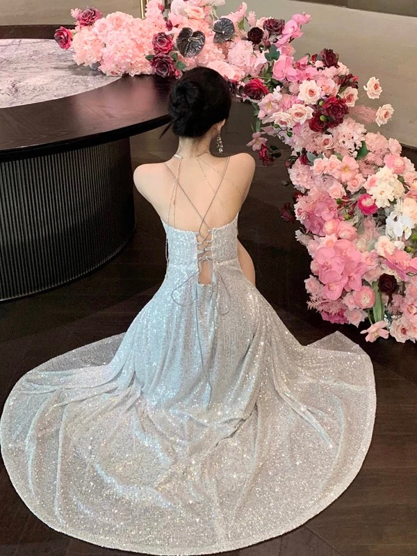 Sparkly A line Spaghetti Strap Sequin 18th Birthday Elegant Outfit Backless Slit Wedding Guest Dresses N4017