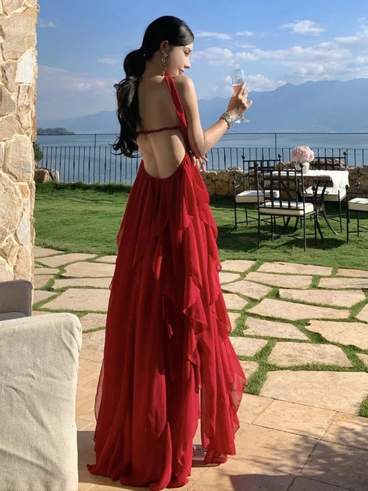 Classy Prom Dresses A Line Halter Slit Chiffon Burgundy Evening Gown Long Formal Dress N4032