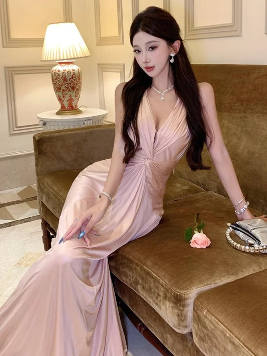 Sexy Mermaid V Neck Pink Open Back Backless 18th Birthday Elegant Outfit Summer Wedding Guest Dresses N4039