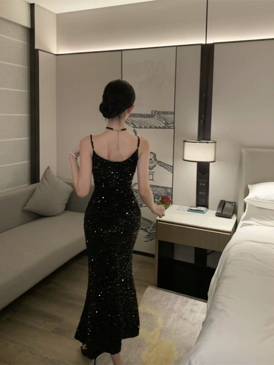 Sexy Mermaid Spaghetti Strap Black Tie 18th Birthday Elegant Outfit Sequin Wedding Guest Dresses N4046