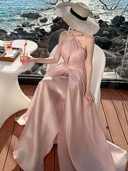 A Line Halter Blush Pink Backless 18th Birthday Elegant Outfit Prom Wedding Guest Dresses N4057