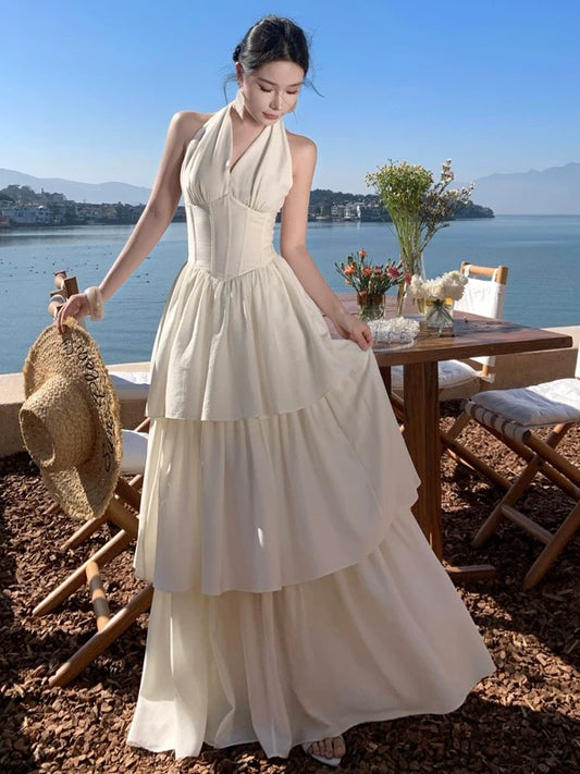 A line Halter White Chiffon Prom Dress 21st Birthday Elegant Outfit Summer Wedding Guest Dresses N4062