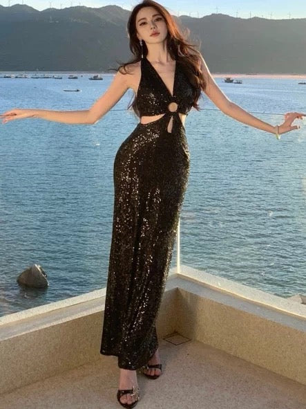Sparkly Mermaid Halter Black Tie Sequin Summer 19th Birthday Elegant Outfit Wedding Guest Dresses N4071