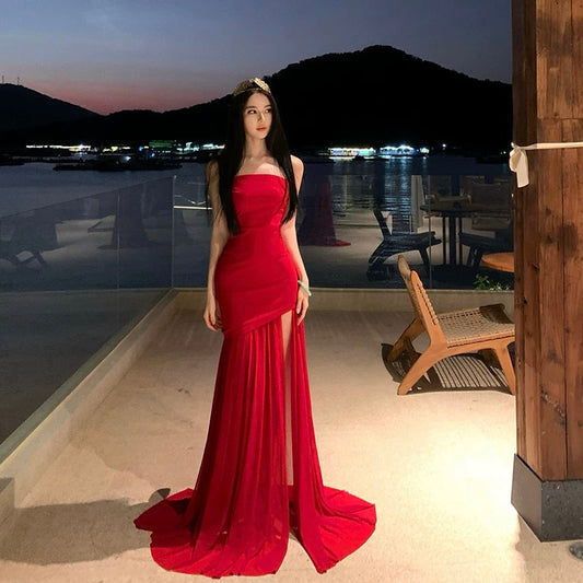Sexy Mermaid Strapless Red Chiffon Slit 21st Birthday Elegant Outfit Summer Wedding Guest Dresses N4077