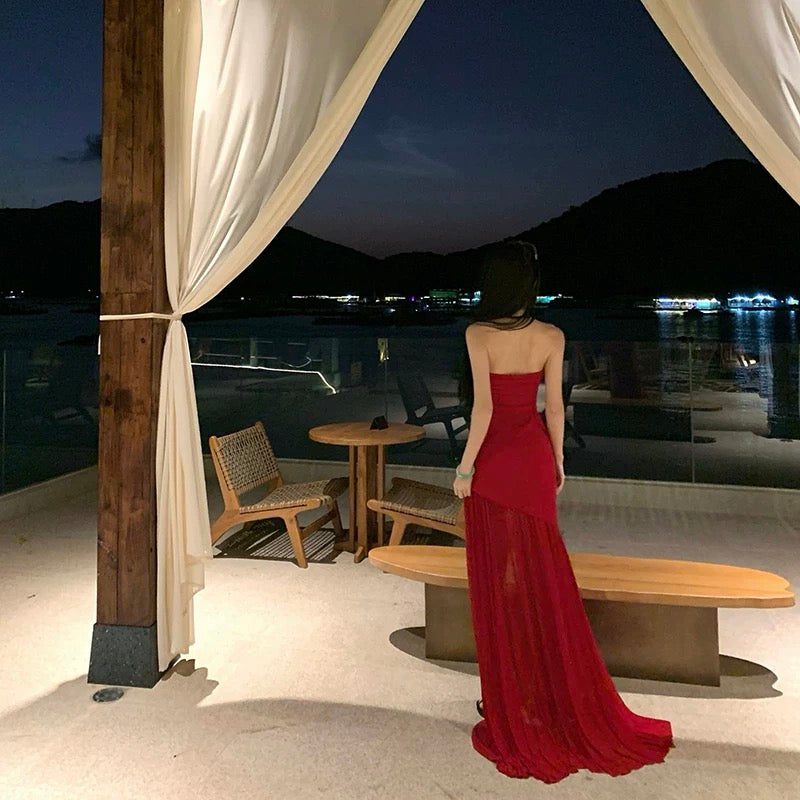Sexy Mermaid Strapless Red Chiffon Slit 21st Birthday Elegant Outfit Summer Wedding Guest Dresses N4077