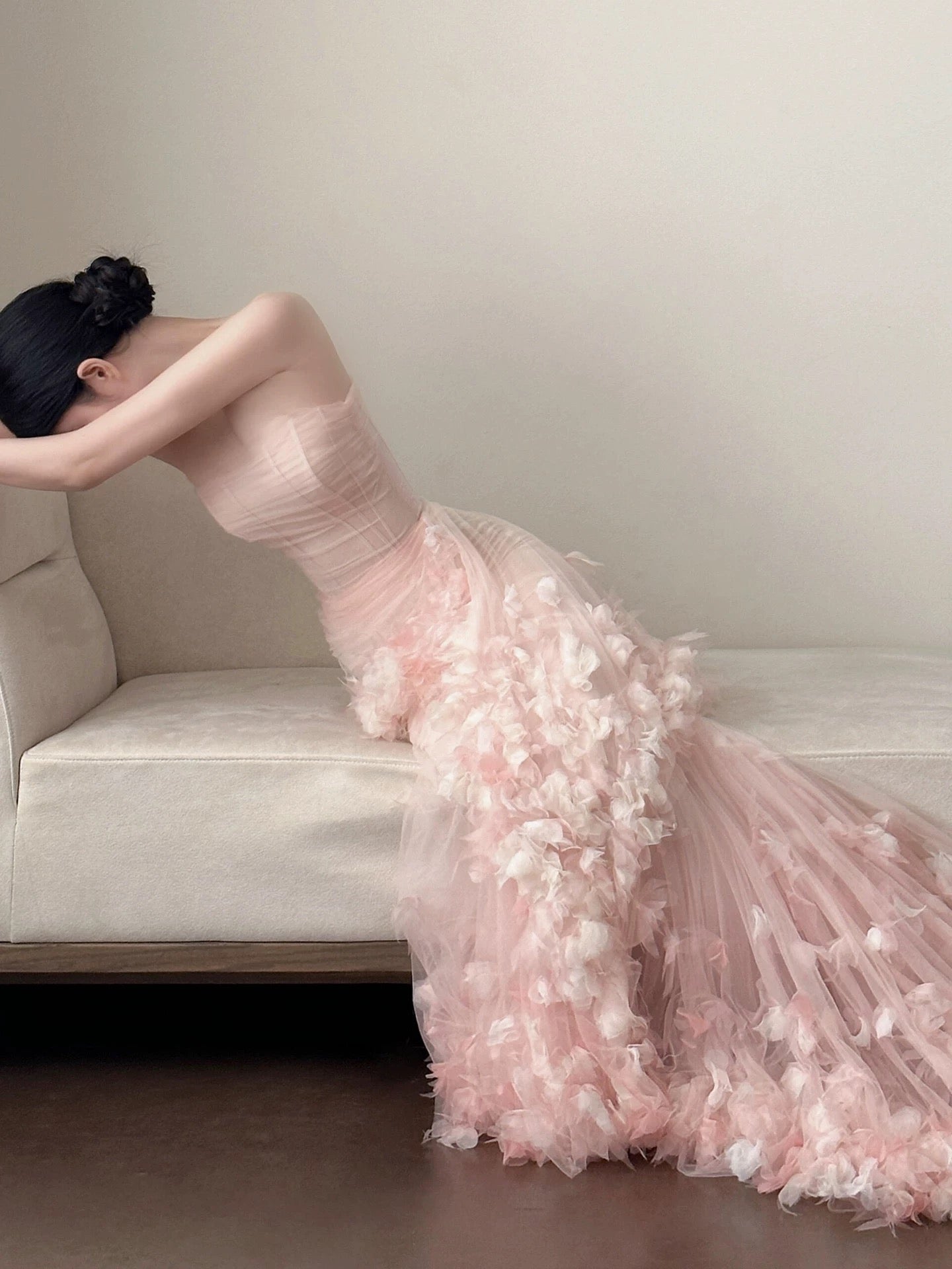 Modest Mermaid Strapless Pink With Flowers Long Floor Length Evening Dresses Inspo Evening Outfits RB5166