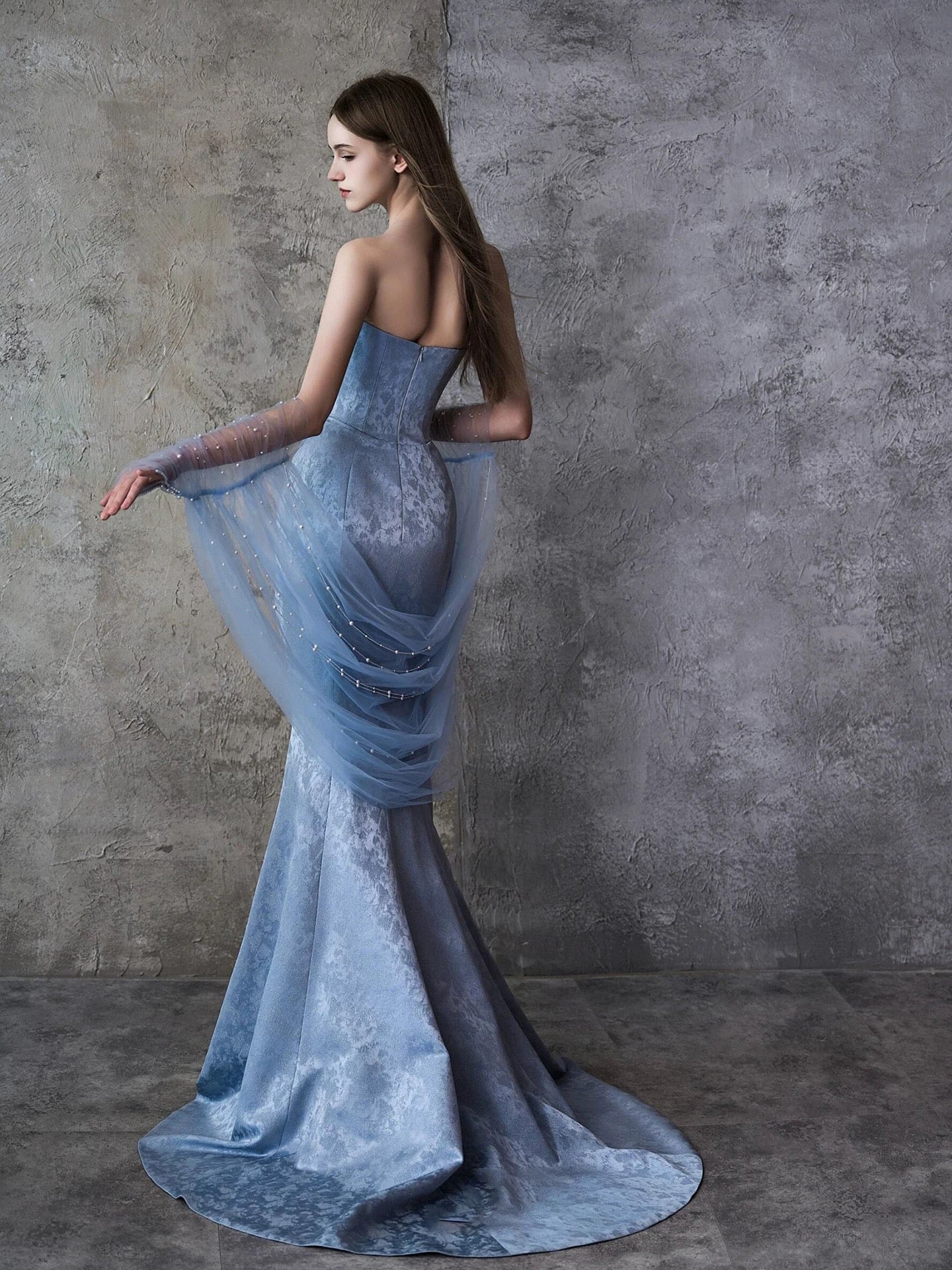 Sparkly Mermaid Sweetheart Blue Satin Long Date Night Evening Outfit Formal Prom Dresses RB5305