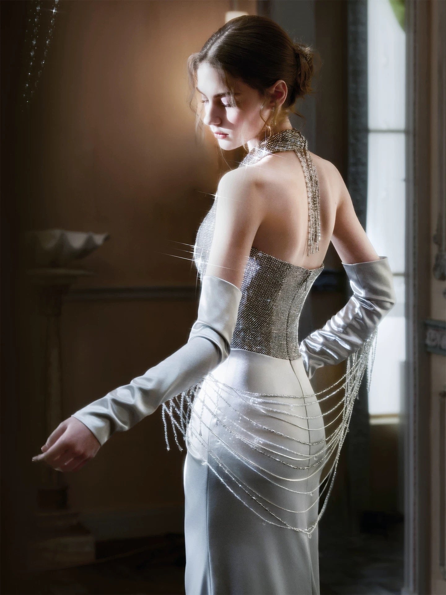Modest Mermaid Halter Silver Gray Satin Sequined With Gloves Date Night Evening Outfit Formal Prom Dresses RB5318