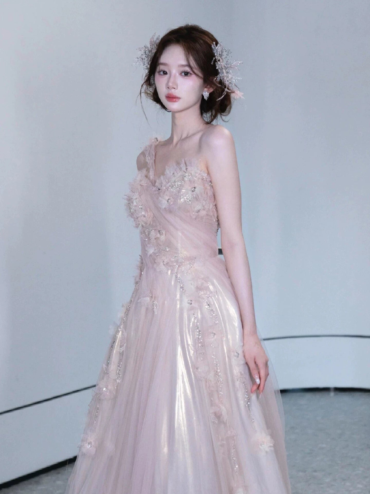 Beautiful A line One Shoulder Pink With Flowers Date Night Outfits Semi Formal Prom Gown Evening Dresses RB5322