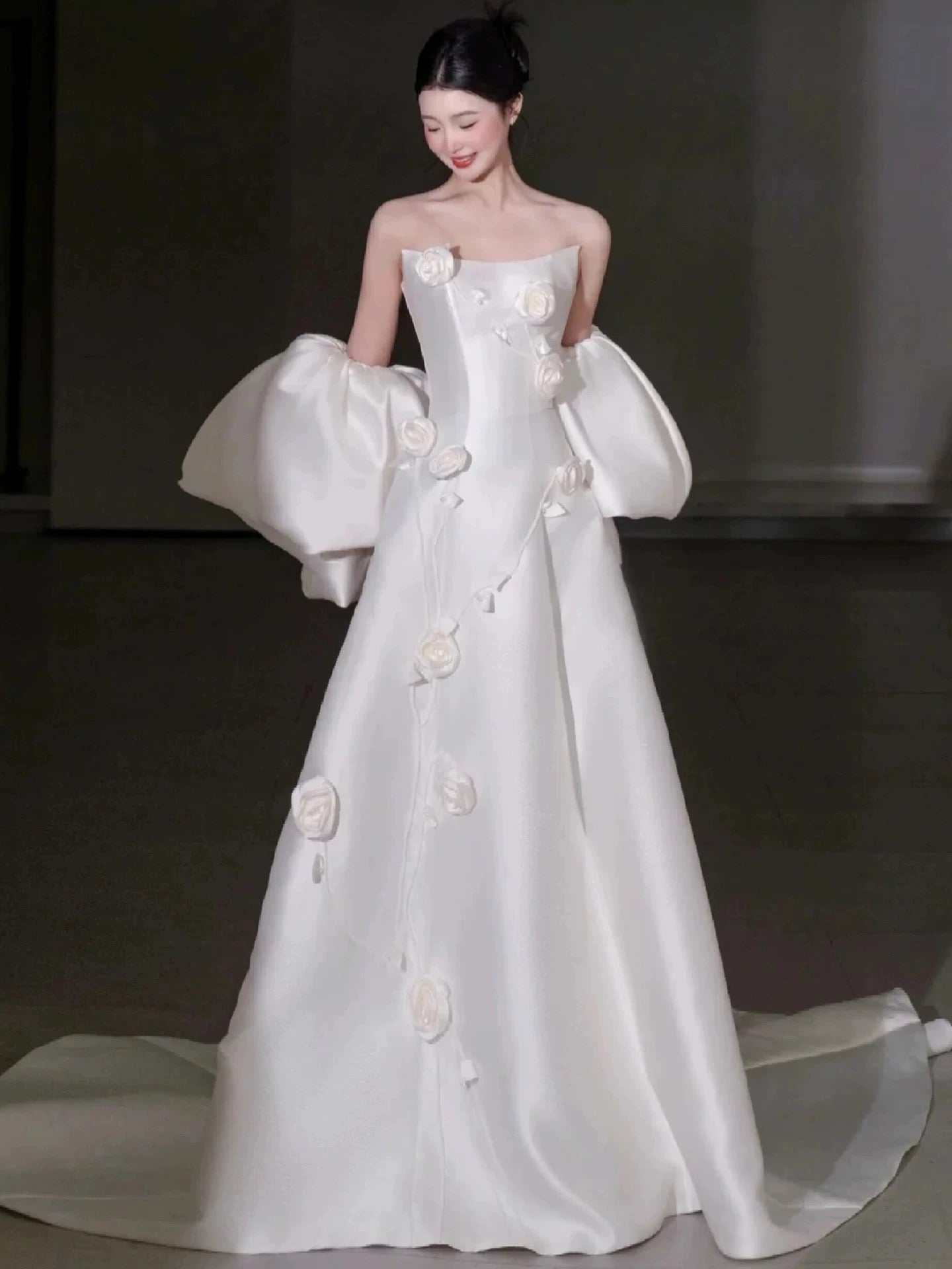 Timeless A Line Strapless Satin White With Cape Floor Length Brides Gown Bridal Dress Wedding Dresses RB5567