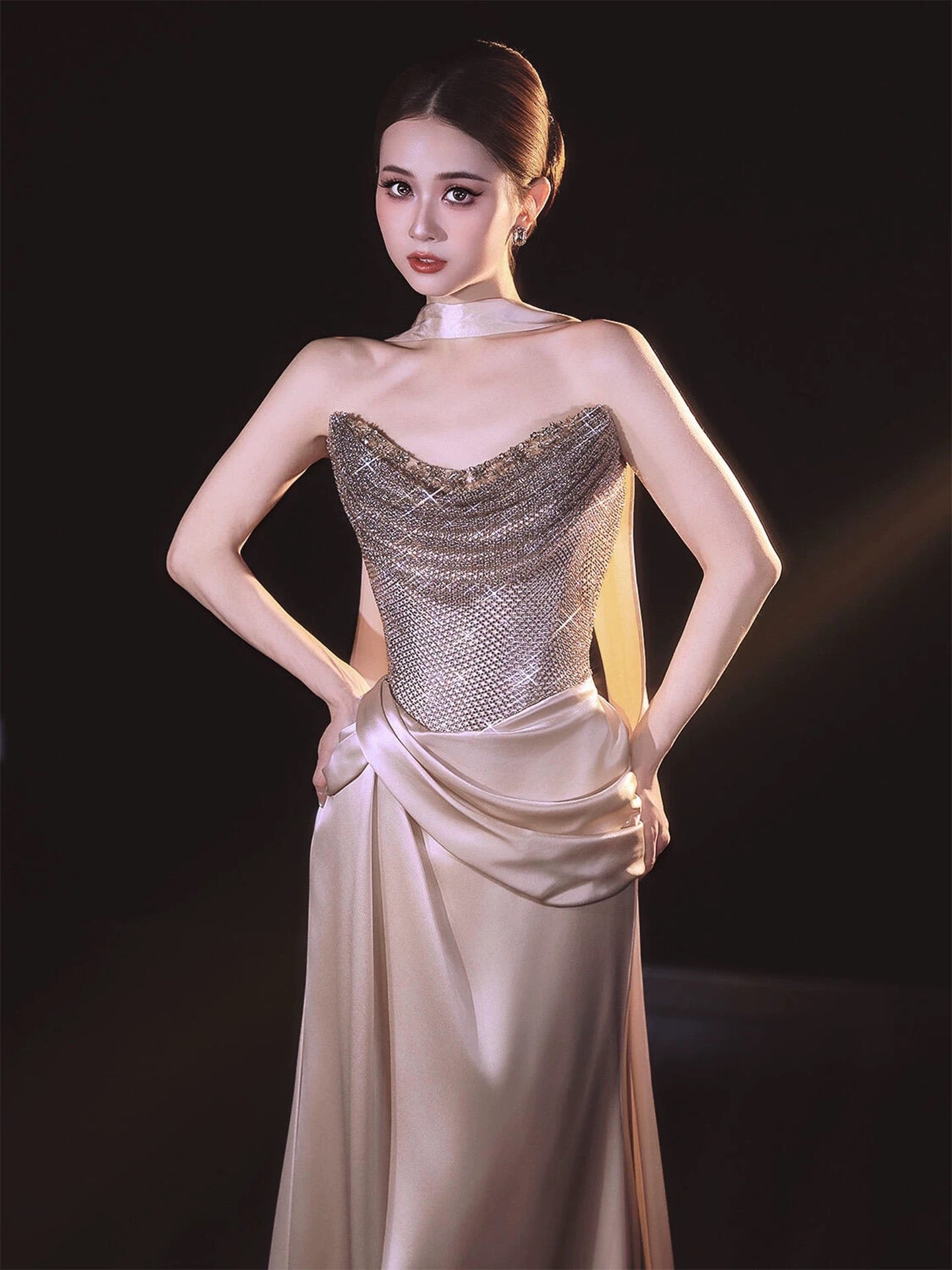 Sparkly Mermaid Sweetheart Sequined Champagne With Scarf Long Date Night Evening Outfit Formal Prom Dresses RB5336