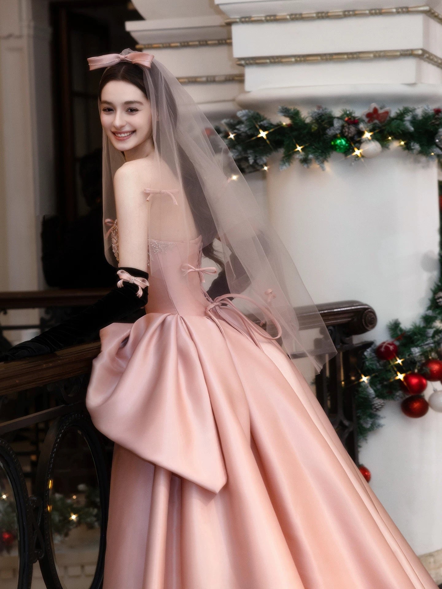 Princess Ball Gown Strapless Pink With Beads Bow Date Night Evening Outfit Formal Prom Dresses RB5339