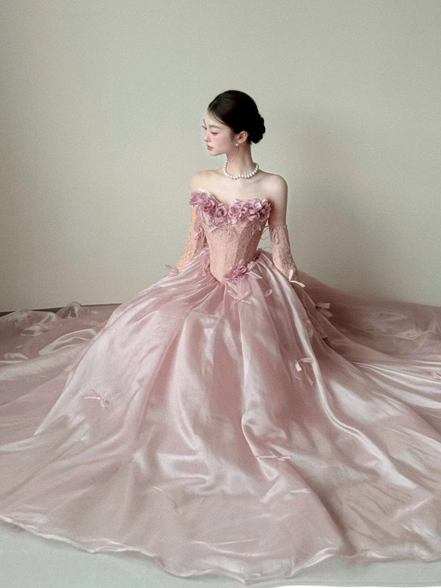 Princess Prom Dresses Ball Gowns Strapless Pink WIth 3D Flowers Evening Long Quince Dress N4243