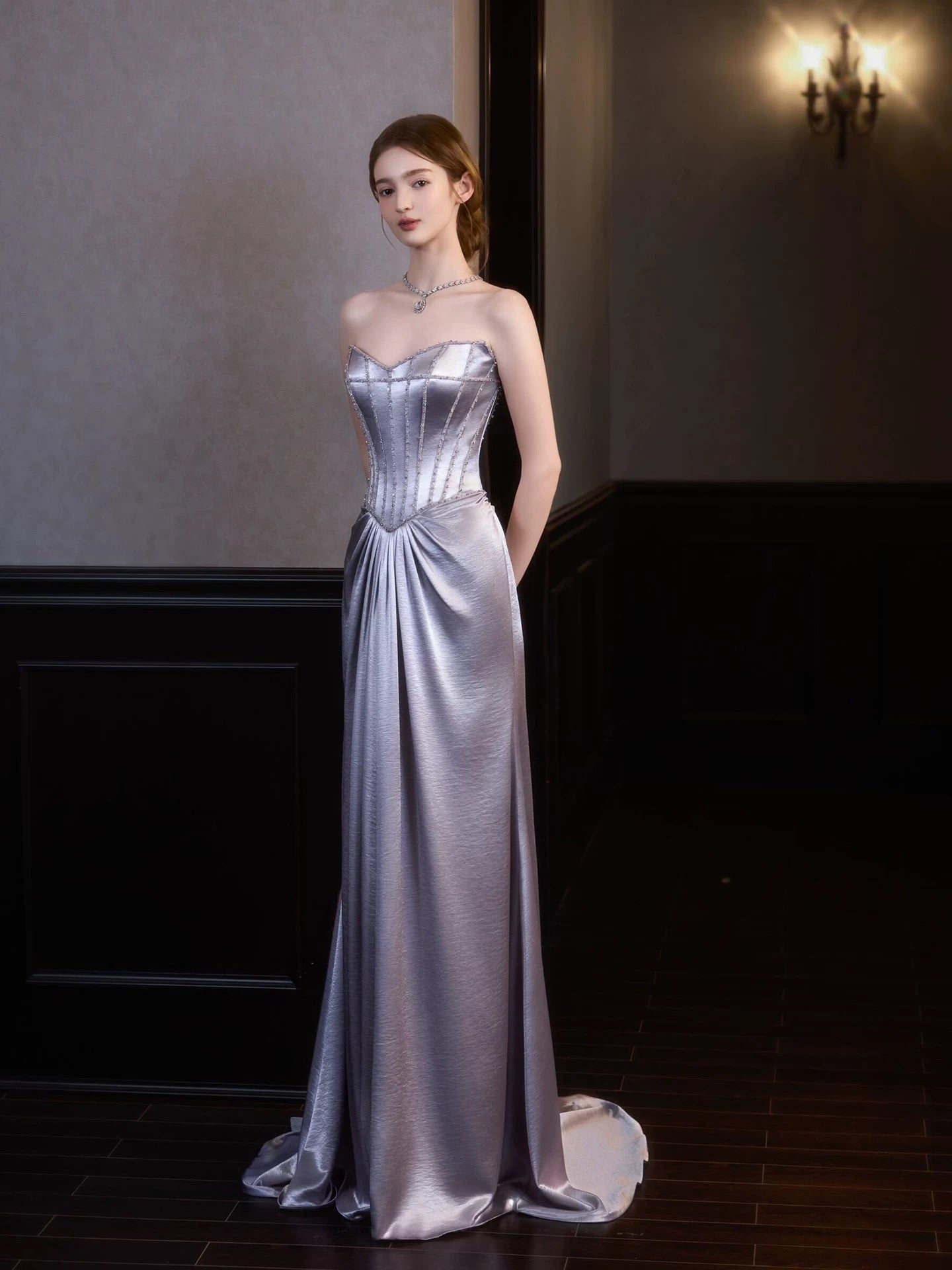 Modest Mermaid Sweetheart Lilac Satin With Cape Sleeveless Long Prom Dresses For Women N4256