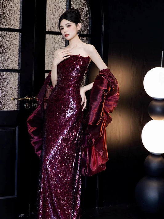 Sexy Mermaid Strapless Burgundy Sequin Sleeveless With Cape Long Prom Dresses For Women N4262
